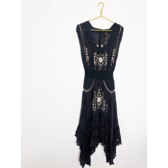 Free People New Romantics Delphine Midi Dress Size 10 Black Embroidered Boho - Picture 3 of 13